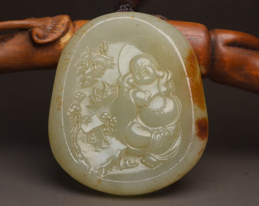 Chinese Natural Hetian Jade Carving Laughing Buddha Statue Luck Pendant Jewelry