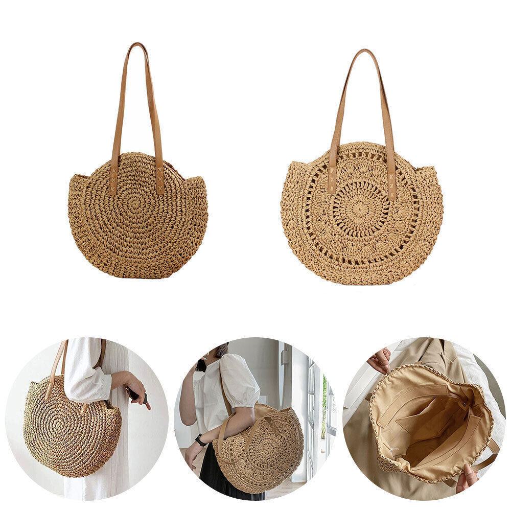 Women Boho Woven Handbag Summer Beach Tote Straw Bag Round Rattan Shoulder Bag