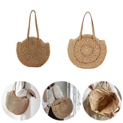 Women Boho Woven Handbag Summer Beach Tote Straw Bag Round Rattan Shoulder Bag