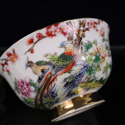 Old Chinese powder color porcelain outline in gold flower bird Big bowl Qianlon