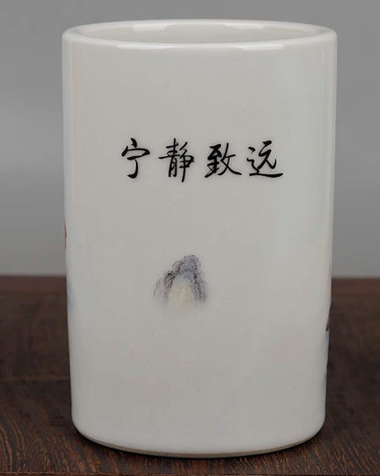 Chinese Colour Porcelain Mountains Rivers Landscape Brush Pot Pencil Vase '宁静致远'