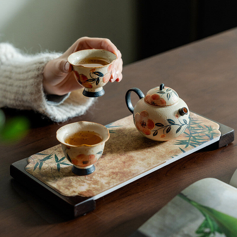 Handpainted Tea Pot Matching Tea Cup Ceramic Pot Ball Shaped Infuser Holes Tray