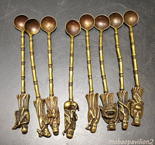 8pcs Exquisite Chinese Old Brass Handmade Carved Eight Immortals Small Spoon