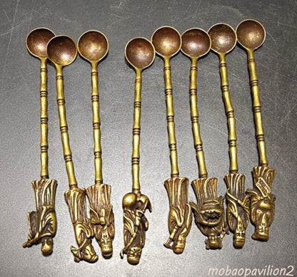 8pcs Exquisite Chinese Old Brass Handmade Carved Eight Immortals Small Spoon