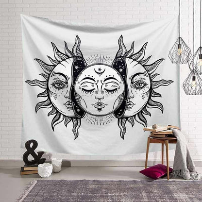 Psychedelic Tapestry White Black Sun Moon Mandala Wall Hanging Celestial Hippie