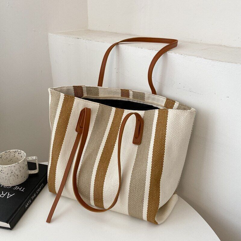 Canvas Women Shopping Shoulder Bags Stripes Handbags Female Bucket Tote Bag