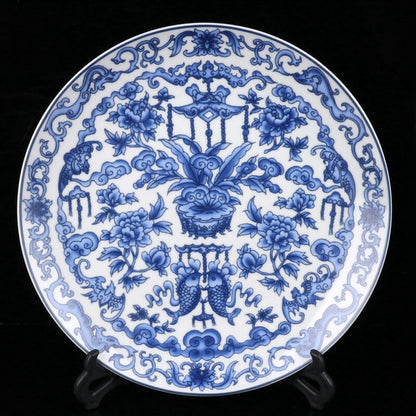 10" Old Chinese Blue and white porcelain Hand Painted Bogu pattern plate
