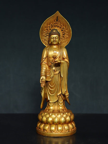 13.8" Old Antique Tibetan Buddhism Temple Bronze 24k Gilt Amitabha Buddha Statue