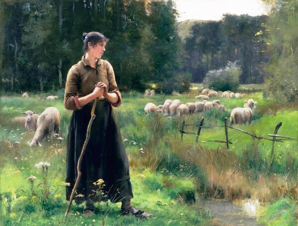 Dream-art Oil painting Julien Dupre Peasant Girl with Sheep shepherdess handmade