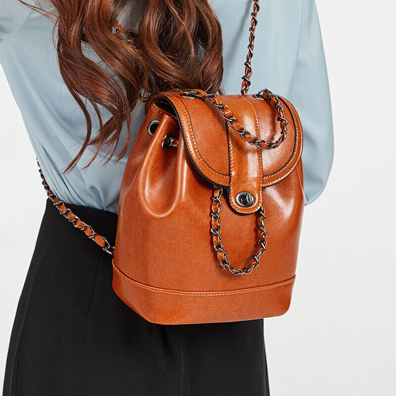 Genuine Leather Women's Drawstring Backpack, Travel Rucksack Chain Shoulder Bags