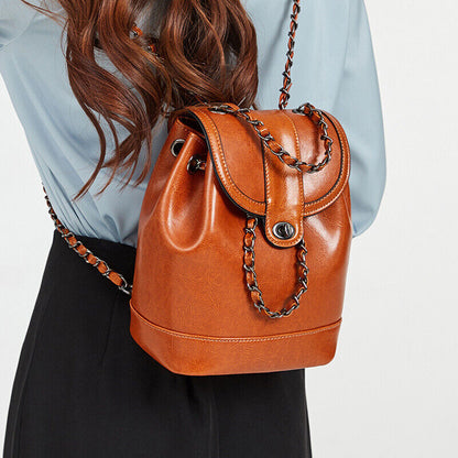 Genuine Leather Women's Drawstring Backpack, Travel Rucksack Chain Shoulder Bags