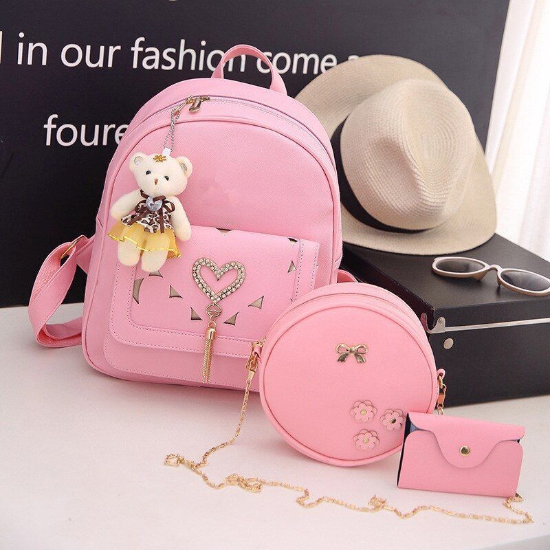 Leather Three Piece Backpack Sets Women Fashion Leather Backpack Card Holder 1PC