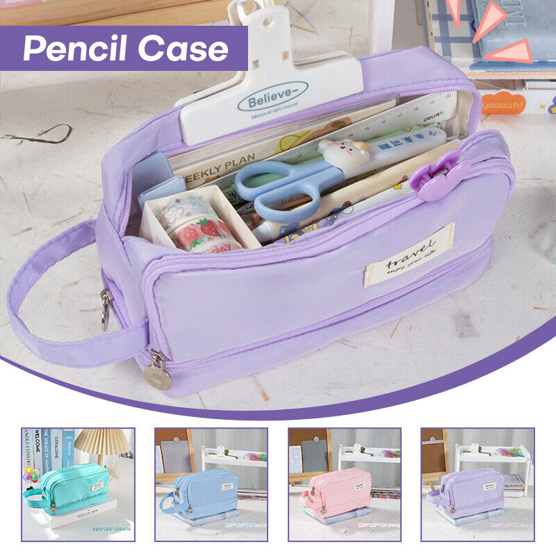 Large Capacity Pencil Bag Stationery Holder Bag Pen Case Zipper Two Compartment
