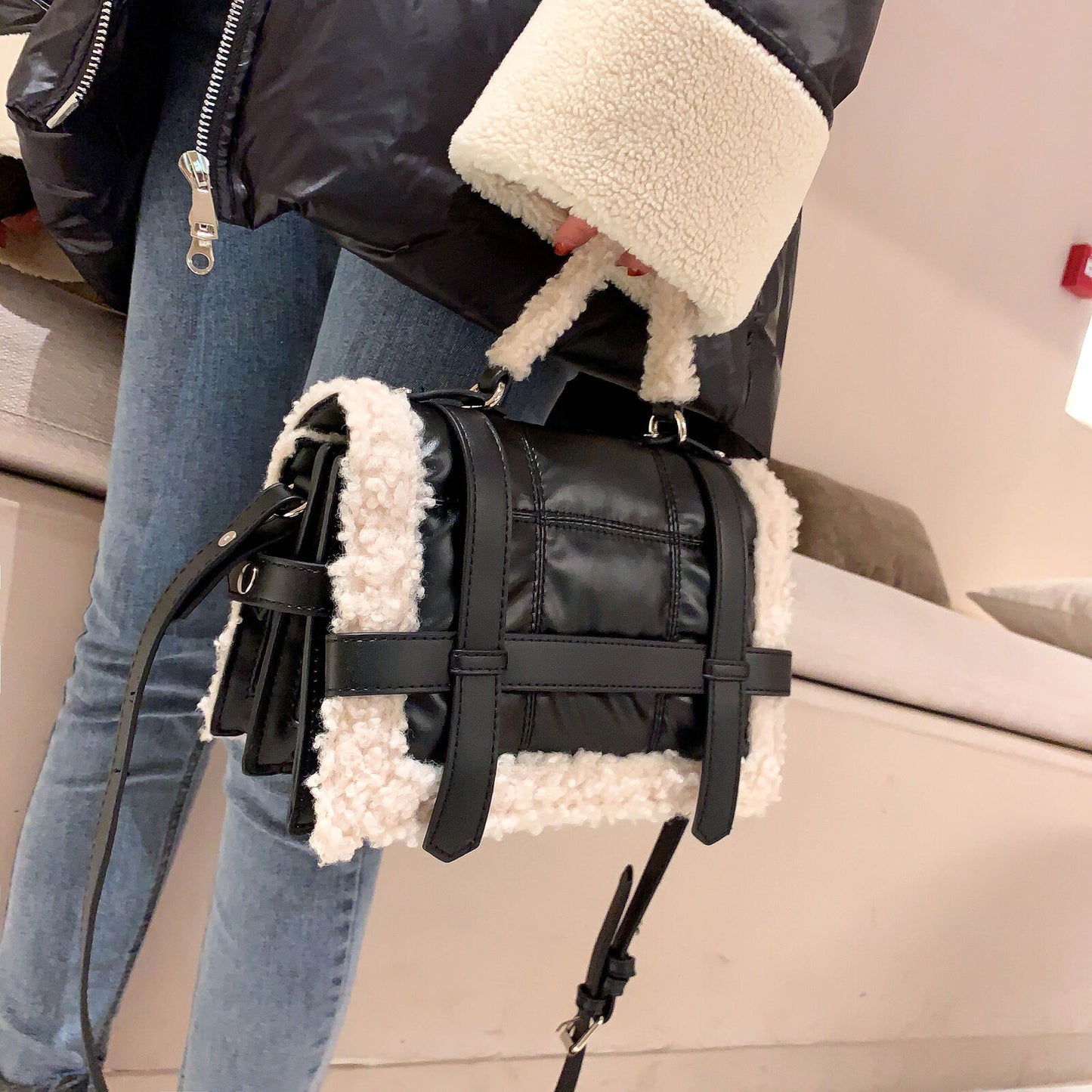 Lambswool Quilted Women Handbags Shoulder Bags Pu Leather Padded Crossbody Bag