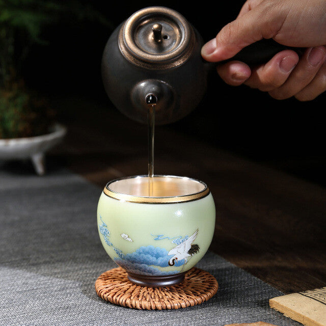 999 Silver gilt tea bowl Ru Kiln Antique Tea Cup Chinese kungfu master tea cup