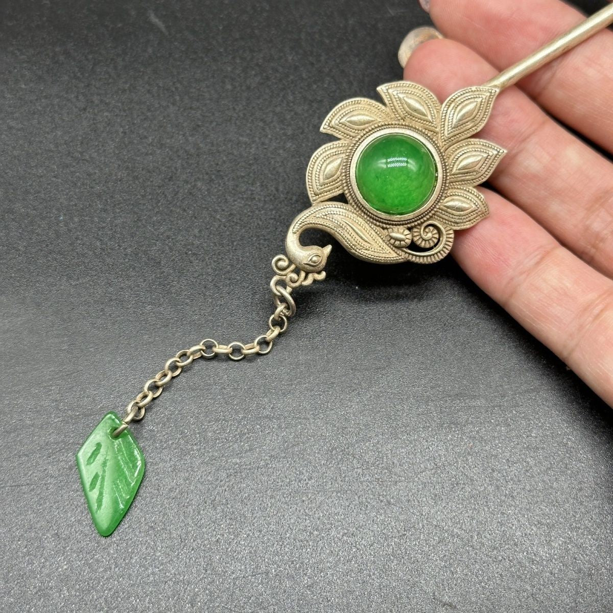 Miaosilver Peacock Hairpin Vintage Silver-Plated Green Bead Inlay Hair Stick