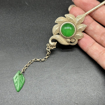 Miaosilver Peacock Hairpin Vintage Silver-Plated Green Bead Inlay Hair Stick