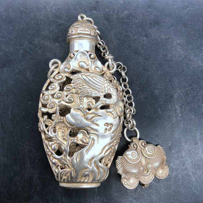 Vintage Chinese Silver Plated Copper Crane Openwork Incense Sachet Pendant