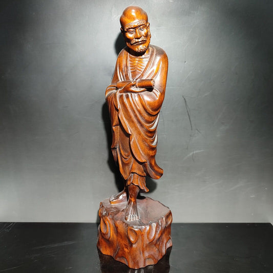 8" Boxwood Wood Ornament buddha statue carving home decor figurines dharma monk