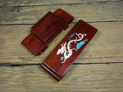 Vintage Rosewood Inlaid Abalone Dragon 3-Tier Ink Rest Display Stand 21cm