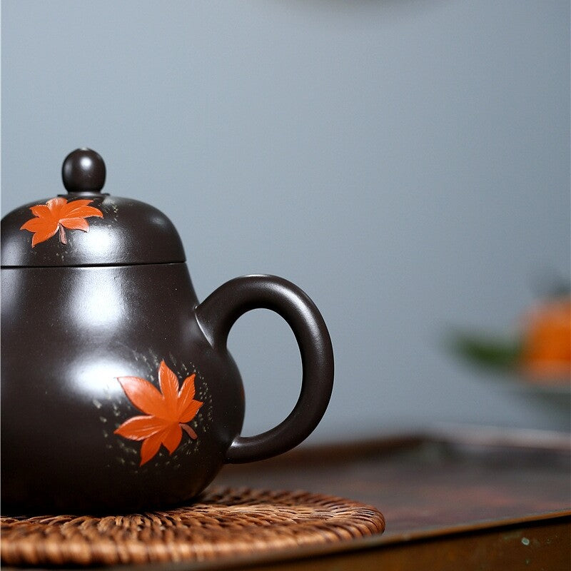 Handmade Tea Pot 9 Infuser Holes Real Yixing Zisha Black Clay Maple Leaf Relief
