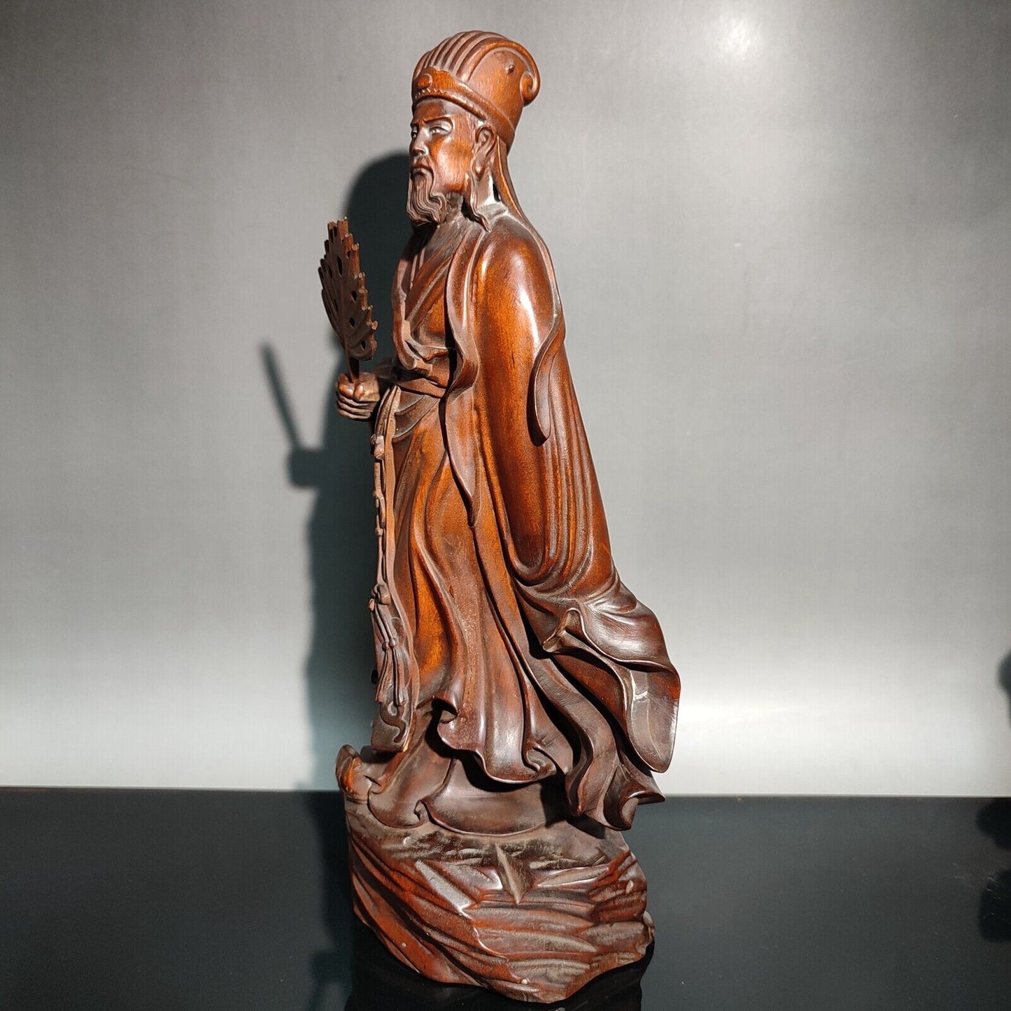 7" Chinese Antique Wooden Statue Carvings Boxwood Zhuge Liang Wisdom Reflection