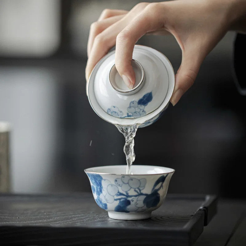90ml Blue and White Porcelain Handpainted Tea Bowl Master Cup Kung Fu Teaware