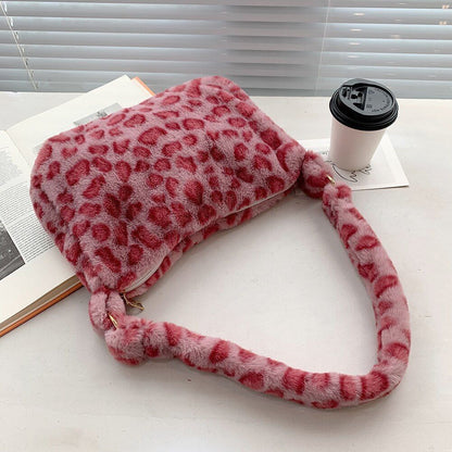 Cow Print Underarm Bag Soft Plush Pink Small Fluffy Shoulder Purse 25*17*7 CM