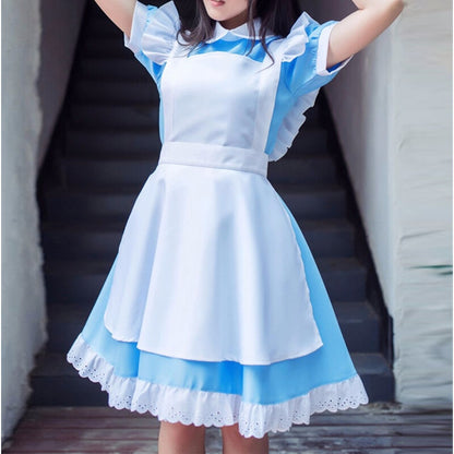 Alice in Wonderland Costume Waitress Uniform Maid Blue Dress Halloween Cosplay