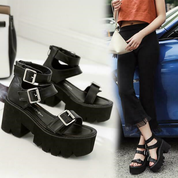Occident Womens Roma Punk Gothic Open Toe Sandals Chunky Heels Platform Shoes