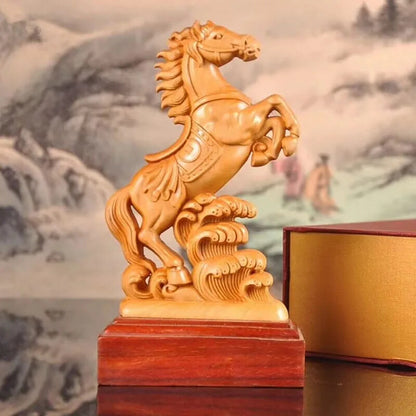 Natural Cypress Animal Horse Statue Traditional Hand Carving Solid Wood Statue