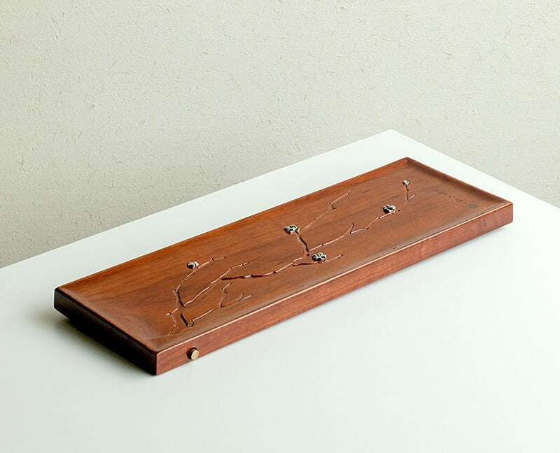 Ebony Wood Tea Tray Rectangle Water Reservoir Solid Wood Serving Tray Silver New