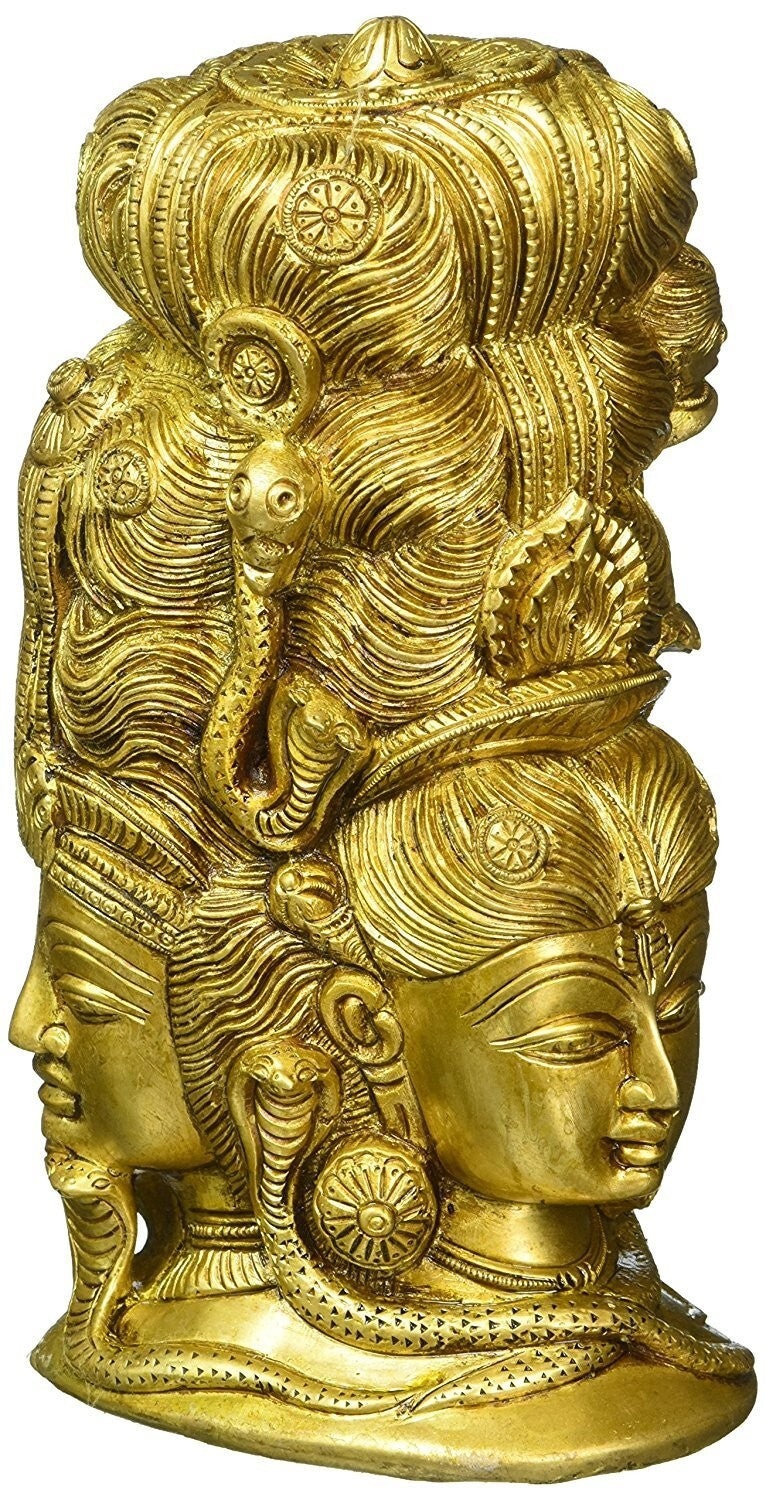 Hindu God Lord Brass 3 Face of Shiva with Goddess Parvati Face Idol Figurines