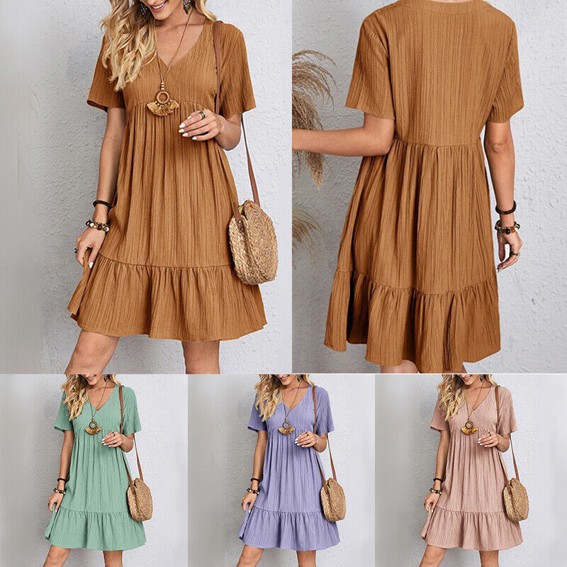 Womens Short Sleeve V Neck Mini Dress Ladies Pleated Ruffle Baggy A-Line Dr