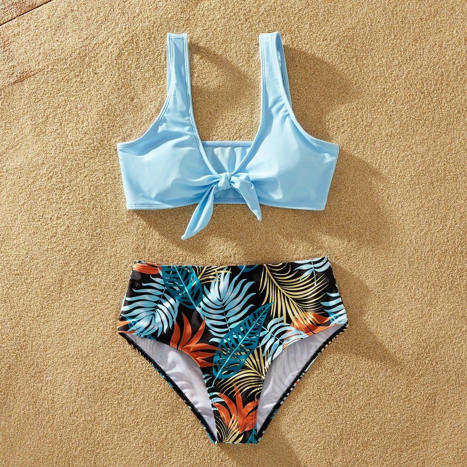 Summer Family Swimwear Solid Top Floral Print Shorts Matching Swimsuits Outfits
