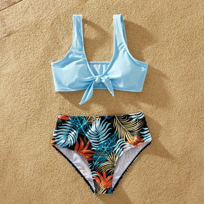 Summer Family Swimwear Solid Top Floral Print Shorts Matching Swimsuits Outfits