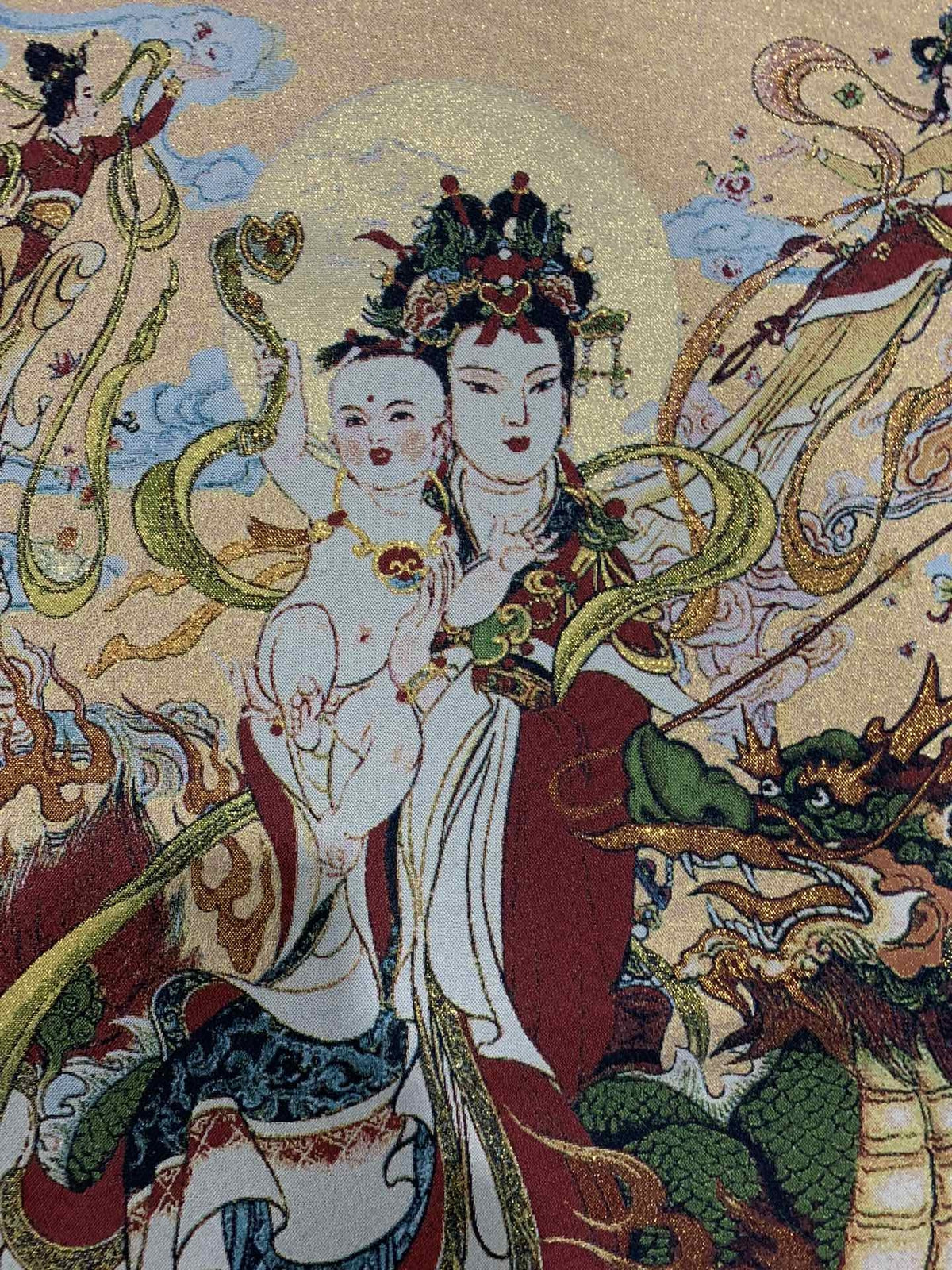 36" China Cloth Silk Send Son Guanyin Mural Wall Hanging Tapestry Tangka