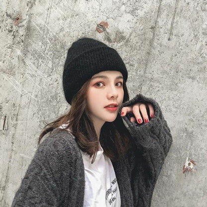 Winter Rabbit Fur Knitted Hat Solid Warm Wool Thick Beanie Bonnet White Red Gray