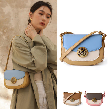 Real Leather Colorblock Small Flap Saddle Shoulder Bag Handbag Purse Crossbody