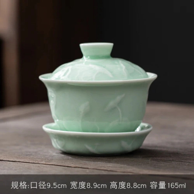 Jingdezhen-Hand Drawn Tea Bowl with Cover, Ceramic Tea Set, White Porcelain