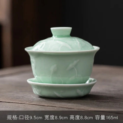 Jingdezhen-Hand Drawn Tea Bowl with Cover, Ceramic Tea Set, White Porcelain