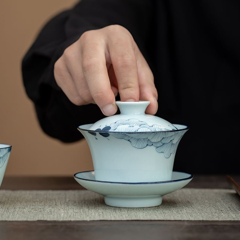 Hand Drawn Hibiscus Lid Bowl Blue and White Tea Cup Ceramic Tea Set