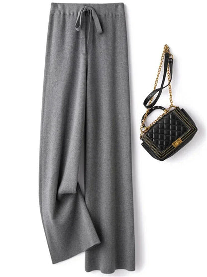 Women Pants Autumn Winter Wide Leg Pants Casual Drawstring Straight Wool Pants