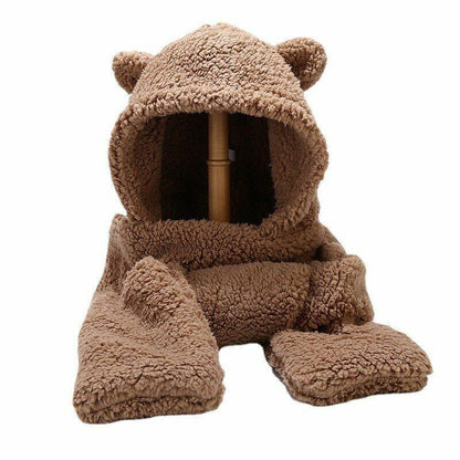 Women Fluffy Scarf Hat Gloves Set Warm 3In1 Hooded Cartoon Bear Cute Ears Winter