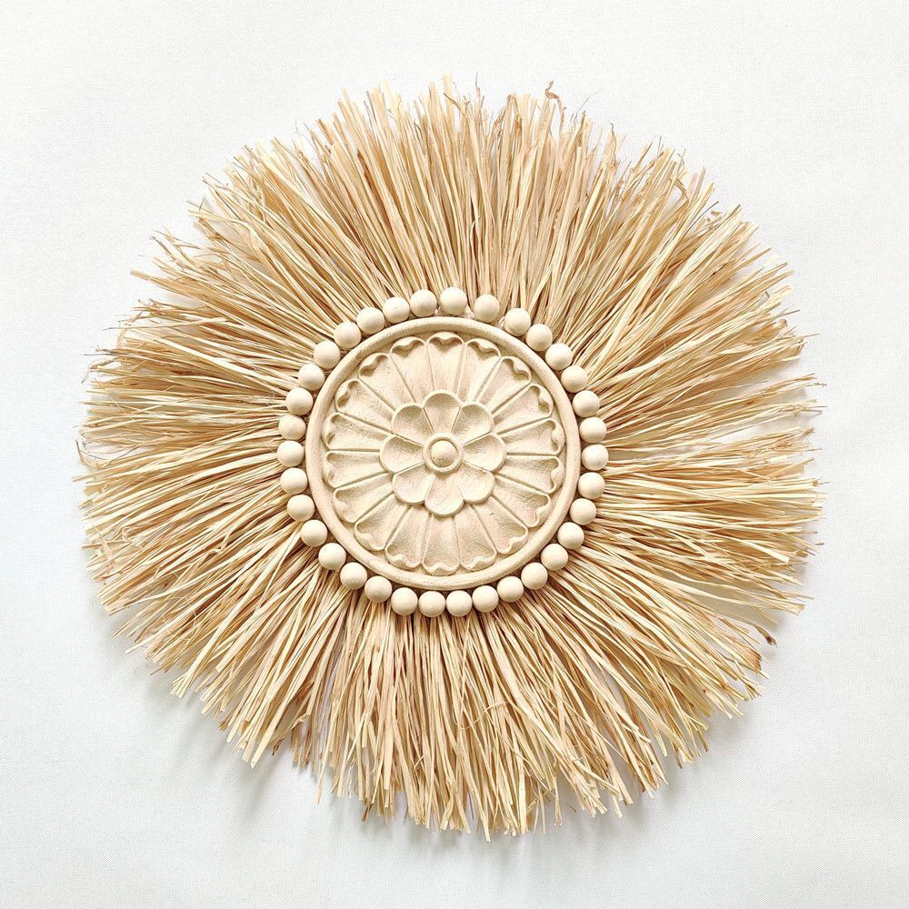 Wall Decor Boho Handmade Woven Straw Moroccan Wood Bead Hanging Ornament 45x45cm