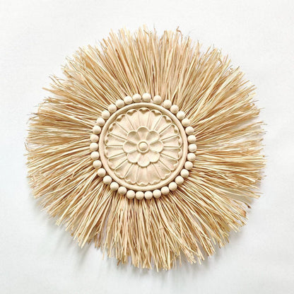 Wall Decor Boho Handmade Woven Straw Moroccan Wood Bead Hanging Ornament 45x45cm