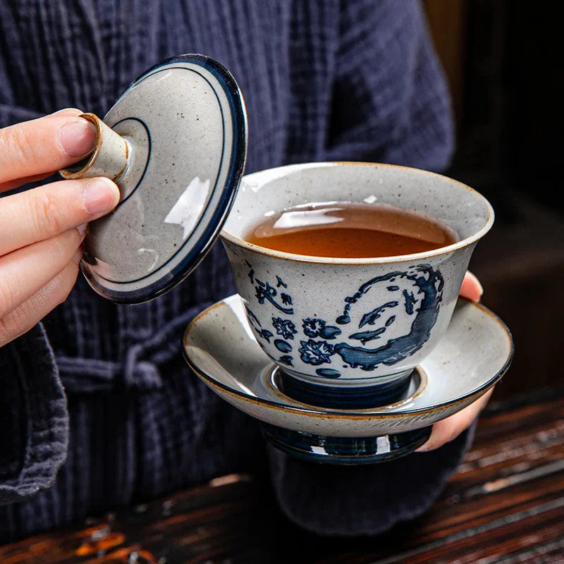 170ml Blue and White Ceramic Handpainted Gaiwan Tea Brewing Bowl Kung Fu Teaware