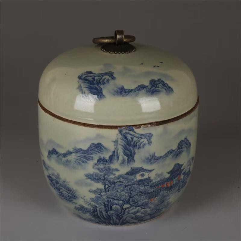 Exquisite Chinese Porcelain Landscape Pattern Blue and White Porcelain Tea Jar