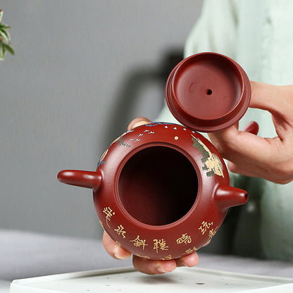 Handpainted Mountain-river Relief Tea Pot Marked True Yixing Zisha Dahongpao Pot