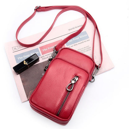 Leather Mobile Phone Bag Multi Zippers Adjustable Strap Shoulder Crossbody Bag